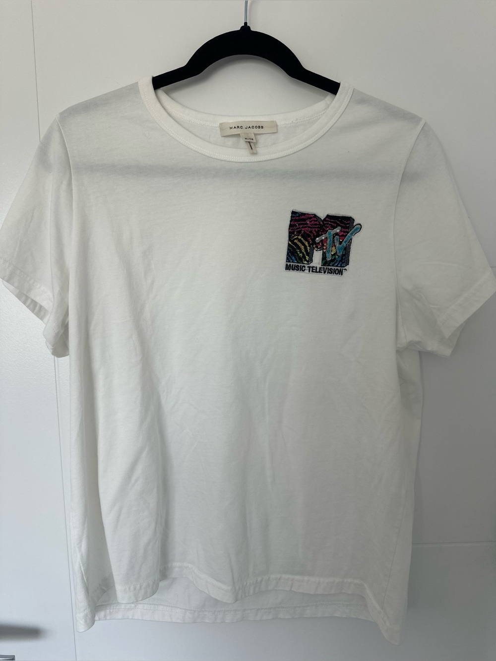 Marc Jacobs 2017 MTV T-Shirt - MTV logo beaded embroidered white t-shirt